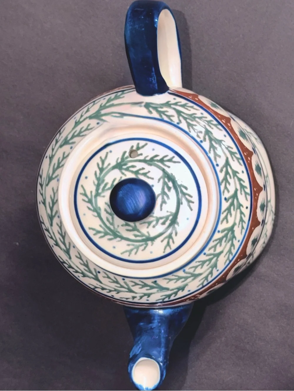 Blue and White Ceramic Teapot with Green and Brown Pattern